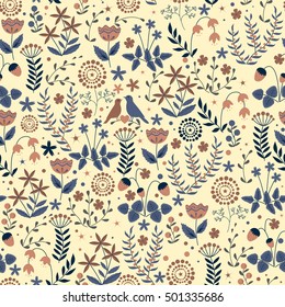 Doodle seamless floral pattern with flowers and birds. Cute romantic background