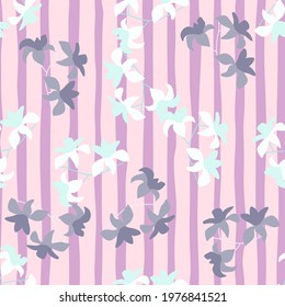 Doodle seamless floral pattern with random white and purple hawaii flowers print. Pink striped background. Designed for fabric design, textile print, wrapping, cover. Vector illustration.
