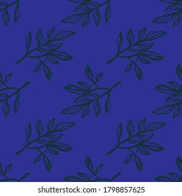 Doodle seamless floral print pattern with contoured branches. Black outline ornament on navy blue background. Creative print for wallpaper, textile, wrapping paper, fabric print. Vector illustration.
