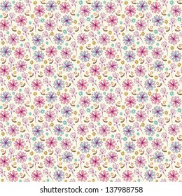Doodle seamless floral texture. Linear hand drawn endless pattern with flowers and berries. Template for design fabric, wallpaper, background, package, wrapping paper