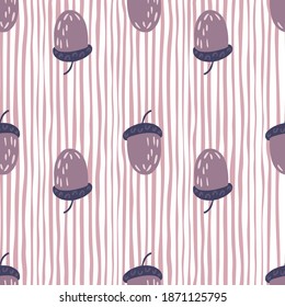 Patrón de bosque sin soldadura con adorno de bellota morada. Lilia clara y fondo rayado blanco. Diseñado para el diseño de tejidos, impresión textil, envoltura, cubierta. Ilustración vectorial.