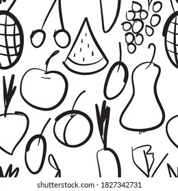 Doodle seamless fruit pattern. Healthy vegetarian food cherry, pear, pineapple, orange, Apple, grapes. Suitable for textiles, Wallpaper, clothing.