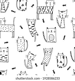 Doodle seamless funny cats with fish.