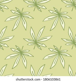 Patrón de ornamento de ganja sin fisuras. Obra de arte en paleta pastel. Folletos de color verde claro y fondo beige. Diseñado para papel pintado, textil, papel envolvente, impresión de tela. Ilustración vectorial.