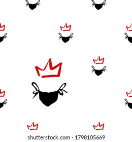 Doodle seamless with medical mask and crown. Vector virus symbol and protection remedy. Pattern illustration in sketch graffiti style with quarantine concept symbols on white background.