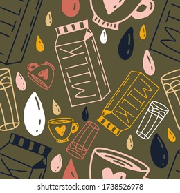 Doodle seamless milk pattern. Print abstract on hakki background, hand drawn. Stock vector illustration.