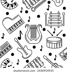 Doodle seamless musical instrument pattern, guitar, piano, lyre, drum on white background