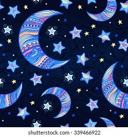 Doodle seamless night pattern background with stars and crescent moon in hand-drawn zentangle style