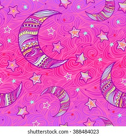 Doodle seamless night pattern background with stars and crescent moon in hand-drawn zentangle style