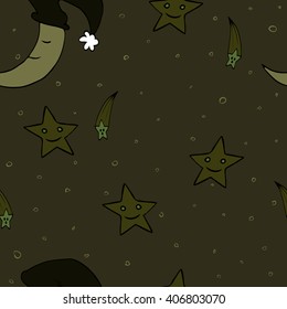 Doodle seamless night pattern background with stars and crescent moon in hand-drawn