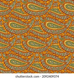 Doodle nahtloses Paisley-Muster. Gelb, braun, grün. Doodle-Stil. Textildruck. Indisches Paisley-Blumenmuster mit nahtlosem Muster. Farbiges asiatisches Blumenmuster. Vektorgrafik.