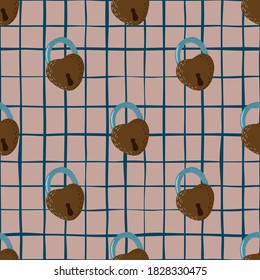 Doodle seamless patten with hand drawn brown lock door ornament. Pink light chequered background. Secret print. Backdrop for wallpaper, textile, wrapping paper, fabric print. Vector illustration