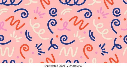 Doodle nahtloses Muster. Muster im Stil der 90er Jahre mit Eicheln. Flache Vektorgrafik auf rosafarbenem Hintergrund