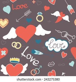 Doodle seamless pattern about love with flying hearts and arrows