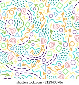 Doodle seamless pattern. Abstract background with line art for textiles, fabric art, wallpaper. Wavy lines, arrows, circles, triangles, dotted line, zigzags, rainbow, stroke