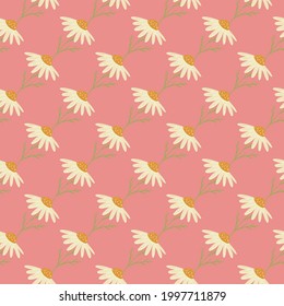 Doodle seamless pattern with abstract creative chamomile flowers elements. Pink pastel background. Designed for fabric design, textile print, wrapping, cover. Vector illustration.