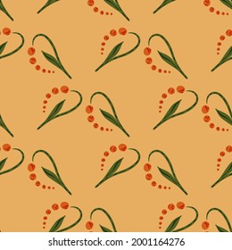 Doodle seamless pattern with abstract lily of the valley ornament. Orange background. Simple style. Stock illustration. Vector design for textile, fabric, giftwrap, wallpapers.