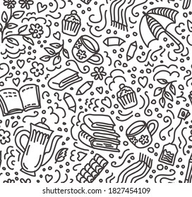 Doodle seamless pattern. Autumn background. Tea, Coffee, Books, Umbrella, Teapot, Candy, Scarf, Cake, Flowers, Wind, Rain