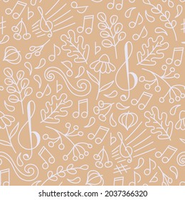 Doodle Seamless pattern . Autumn music. Backdrop of a music concert or festival. Oak leaves, berries, twigs, treble clef, musical signs. Hand-drawn vector illustration.