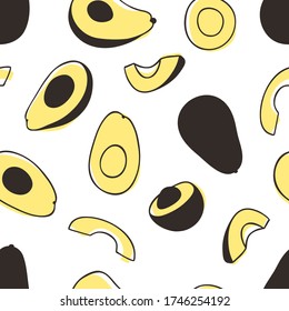 Doodle seamless pattern with avocado. Hand drawn stylish fruit and vegetable. Vector artistic drawing fresh organic food. Summer illustration vegan ingrediens for smoothies