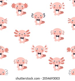 Doodle seamless pattern with axolotls. Perfect for T-shirt, textile and prints. Hand drawn vector illustration for decor and design.


