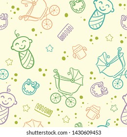 Doodle seamless pattern baby set with cartoon elements. Vector illustration design thin line doodle style.