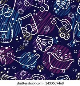 Doodle seamless pattern baby set with cartoon elements. Vector illustration design thin line doodle style.