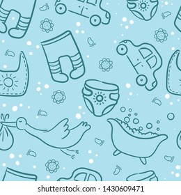 Doodle seamless pattern baby set with cartoon elements. Vector illustration design thin line doodle style.