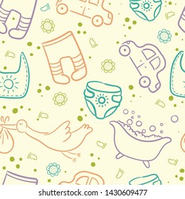 Doodle seamless pattern baby set with cartoon elements. Vector illustration design thin line doodle style.