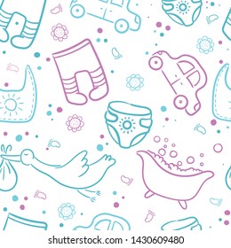Doodle seamless pattern baby set with cartoon elements. Vector illustration design thin line doodle style.