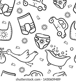 Doodle seamless pattern baby set with cartoon elements. Vector illustration design thin line doodle style.
