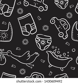Doodle seamless pattern baby set with cartoon elements. Vector illustration design thin line doodle style.