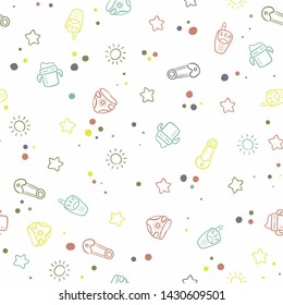 Doodle seamless pattern baby set with cartoon elements. Vector illustration design thin line doodle style.