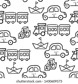 Doodle seamless pattern baby set with cartoon elements. Vector illustration design thin line doodle style.