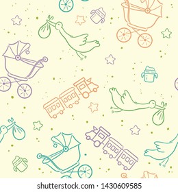 Doodle seamless pattern baby set with cartoon elements. Vector illustration design thin line doodle style.