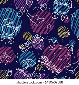 Doodle seamless pattern baby set with cartoon elements. Vector illustration design thin line doodle style.