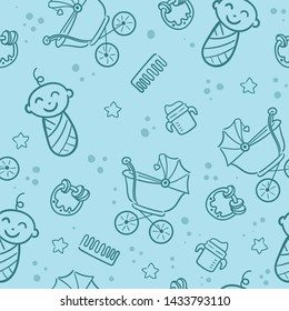 Doodle seamless pattern baby set with cartoon elements. Vector illustration design thin line doodle style.