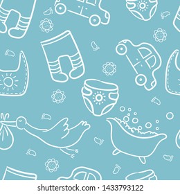 Doodle seamless pattern baby set with cartoon elements. Vector illustration design thin line doodle style.