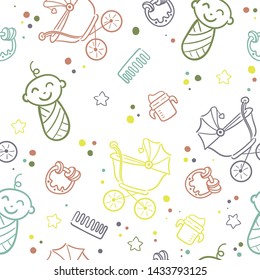 Doodle seamless pattern baby set with cartoon elements. Vector illustration design thin line doodle style.