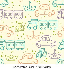 Doodle seamless pattern baby set with cartoon elements. Vector illustration design thin line doodle style.