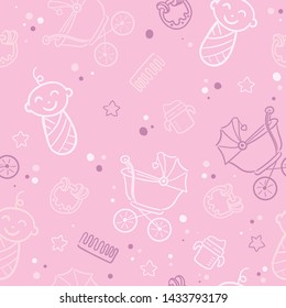 Doodle seamless pattern baby set with cartoon elements. Vector illustration design thin line doodle style.