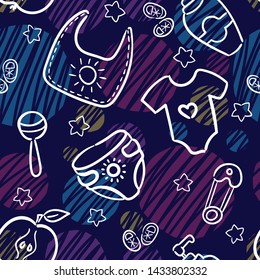 Doodle seamless pattern baby set with cartoon elements. Vector illustration design thin line doodle cartoon style for design on paper, fabric, invitations, other
