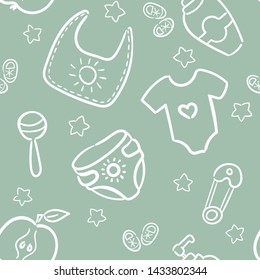 Doodle seamless pattern baby set with cartoon elements. Vector illustration design thin line doodle cartoon style for design on paper, fabric, invitations, other