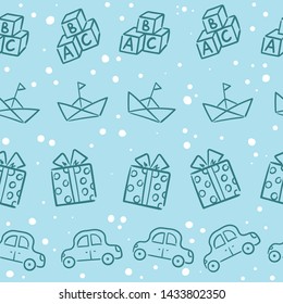 Doodle seamless pattern baby set with cartoon elements. Vector illustration design thin line doodle cartoon style for design on paper, fabric, invitations, other