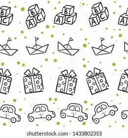 Doodle seamless pattern baby set with cartoon elements. Vector illustration design thin line doodle cartoon style for design on paper, fabric, invitations, other