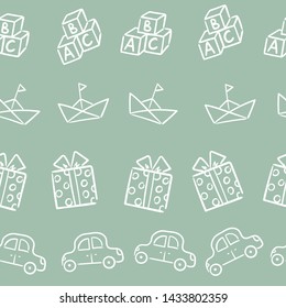 Doodle seamless pattern baby set with cartoon elements. Vector illustration design thin line doodle cartoon style for design on paper, fabric, invitations, other