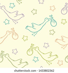 Doodle seamless pattern baby set with cartoon elements. Vector illustration design thin line doodle cartoon style for design on paper, fabric, invitations, other
