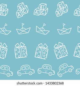 Doodle seamless pattern baby set with cartoon elements. Vector illustration design thin line doodle cartoon style for design on paper, fabric, invitations, other