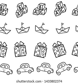 Doodle seamless pattern baby set with cartoon elements. Vector illustration design thin line doodle cartoon style for design on paper, fabric, invitations, other