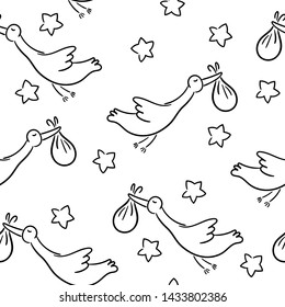 Doodle seamless pattern baby set with cartoon elements. Vector illustration design thin line doodle cartoon style for design on paper, fabric, invitations, other